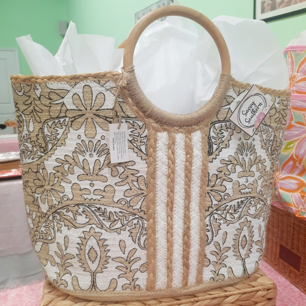 New Tan, White & Black Woven Jute Tote Bag - Round Wood Handles - Summer Totes